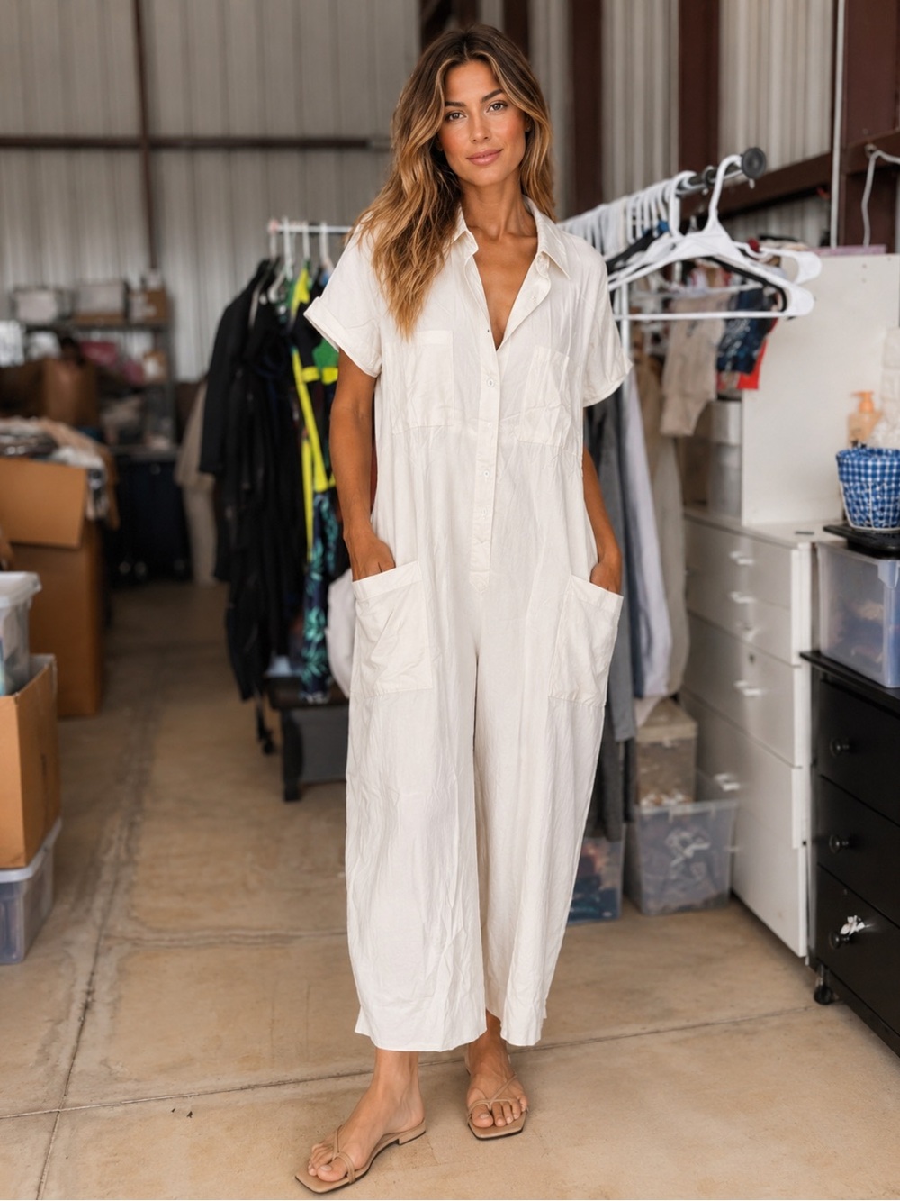 Relaxed White Short-Sleeve Wide-Leg Jumpsuit runs smaller like L/XL